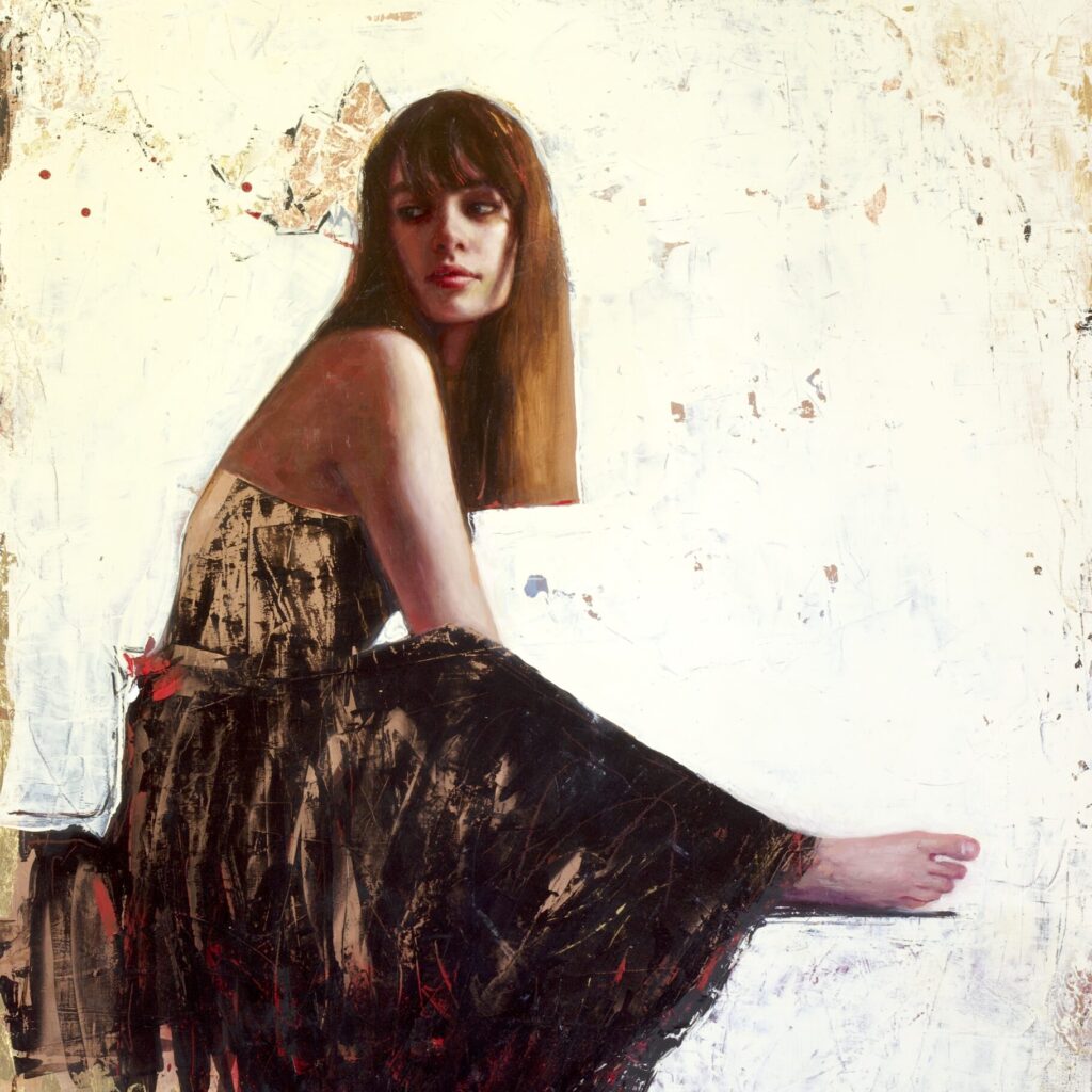 Painting of a woman seated with her legs crossed, wearing a textured dark dress and gazing over her shoulder. The composition features a minimalistic white background with subtle abstract details, emphasizing the subject's contemplative expression and graceful pose.