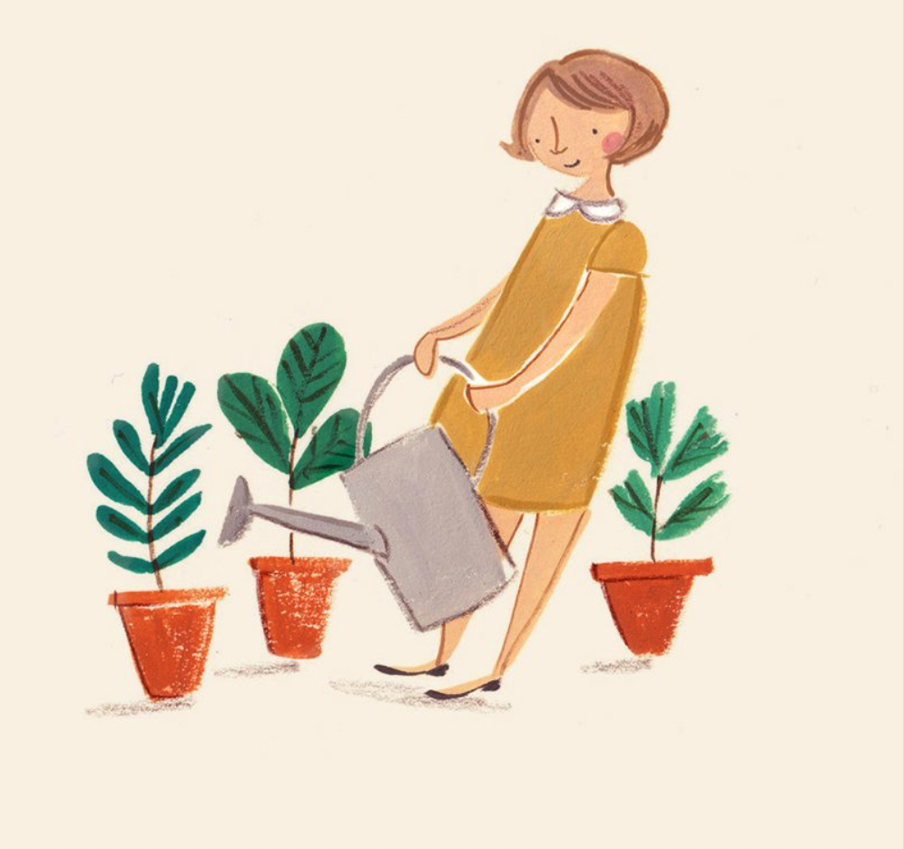 Whimsical gouache illustration by Emma Block of a girl watering plants, painted using her signature Pro Arte Artist Paint Brushes.