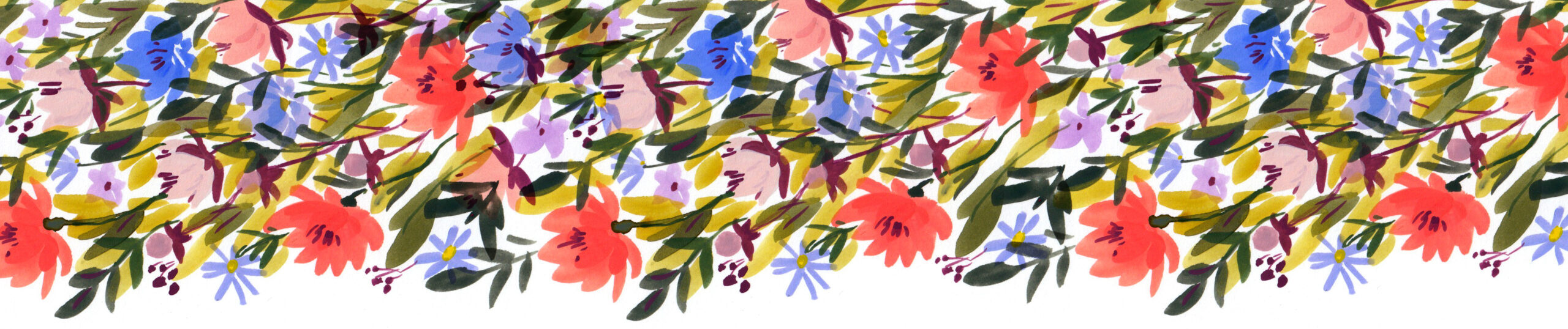A colorful, hand-painted gouache floral pattern featuring red, blue, purple, and pink flowers with green foliage, created by artist Emma Block using her signature Pro Arte Artist Paint Brushes.
