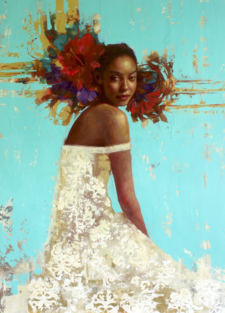 Oil painting portrait of a woman in a white dress and flowers arranged behind her head. There is a bright sea green background.