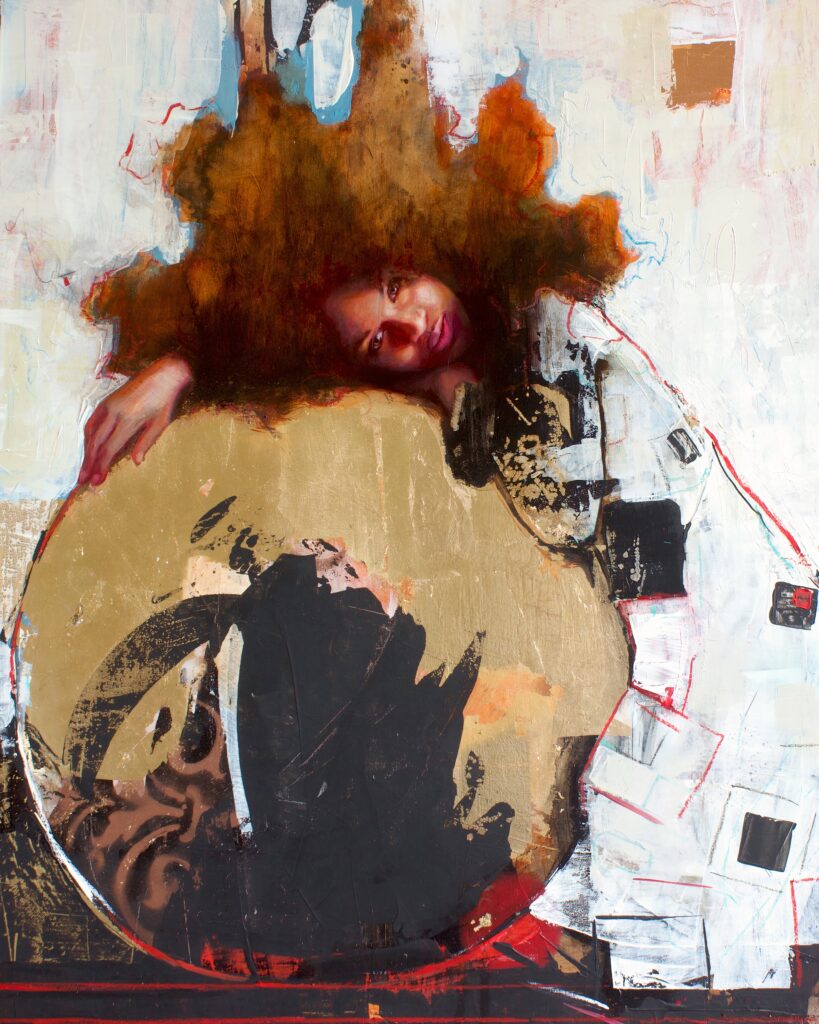 Oil painting of a young woman resting on a circle, filled with abstract patterns.