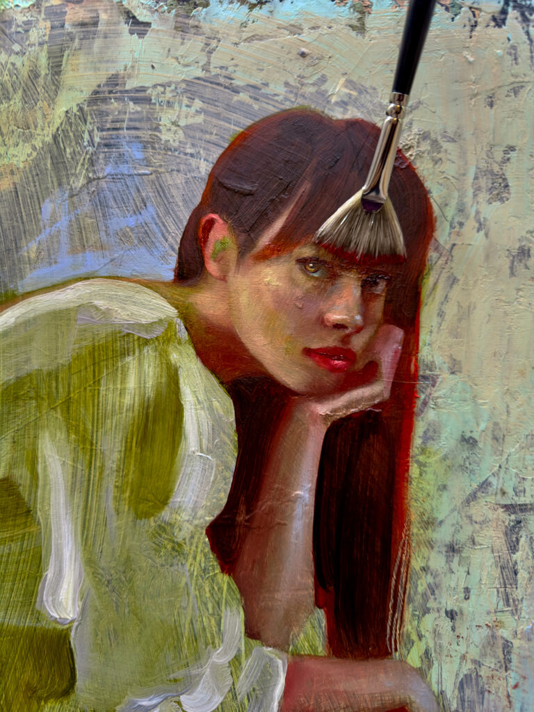 Fan brush applying paint to the hair of an oil paint portrait of a woman, by Rosso Crimson.