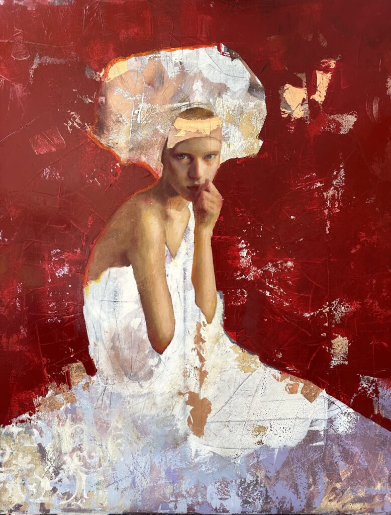 Oil paint portrait of a young woman by Rosso Crimson, sat down, with a bright red background.
